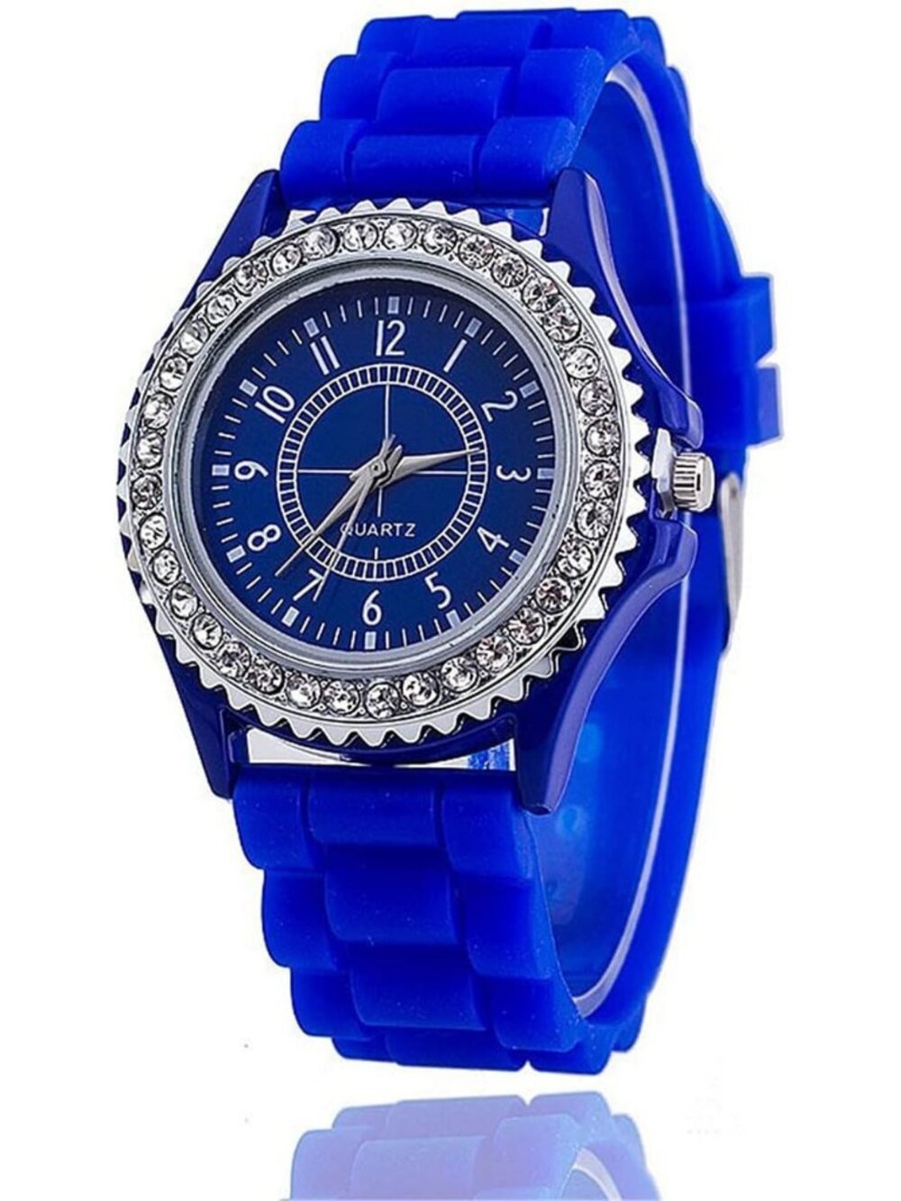 Womens Dark Blue Analog Quartz Silicone Band Lady Digital Rhinestone Wrist Watch